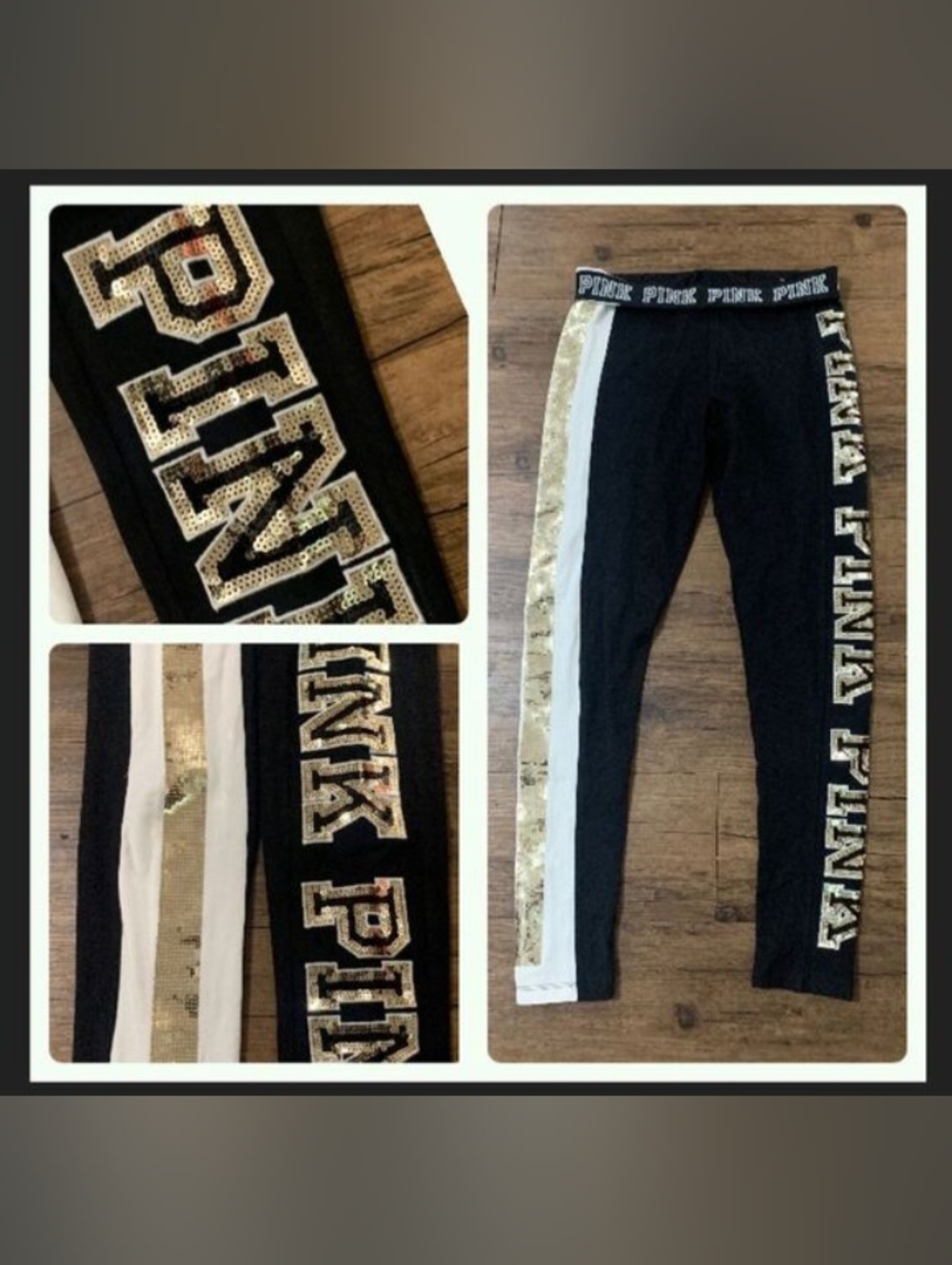 🩷for my bestie🩷 Pink Victoria's Secret Black Leggings with Gold Sequin Stripes